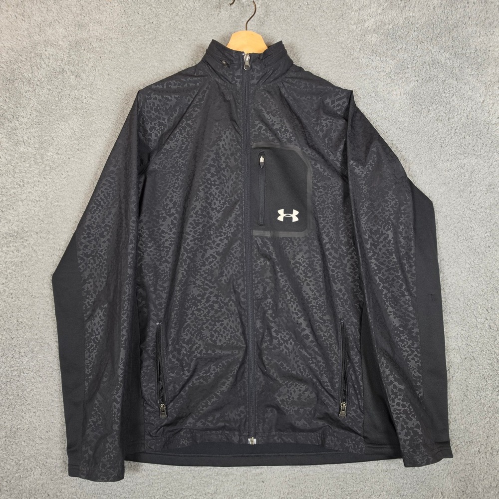 Under Armour Windbreaker Jacket Mens Medium Black‎ Excellent Patterned Hooded